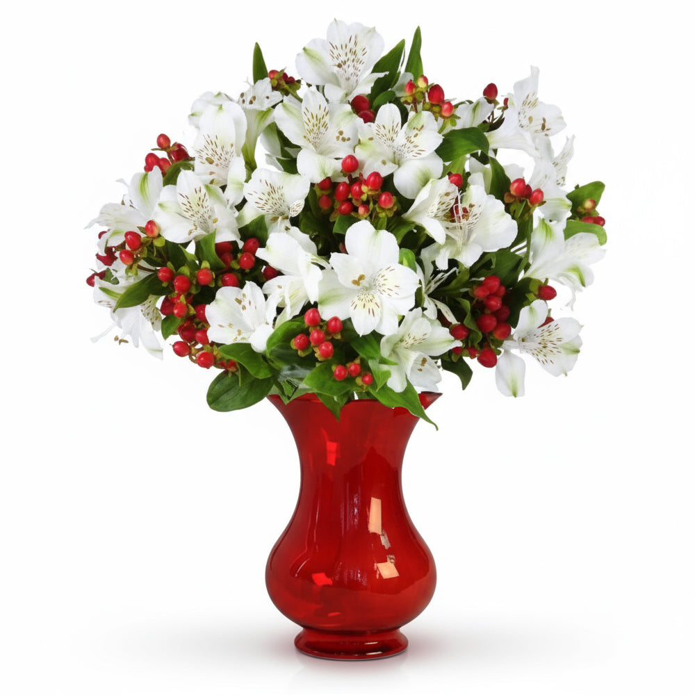 Christmas alstroemeria bouquet in red vase