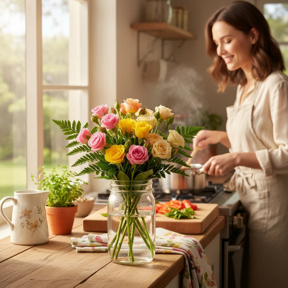 30 Blooms of Assorted Spray Roses in a Mason Jar Fleur Concept