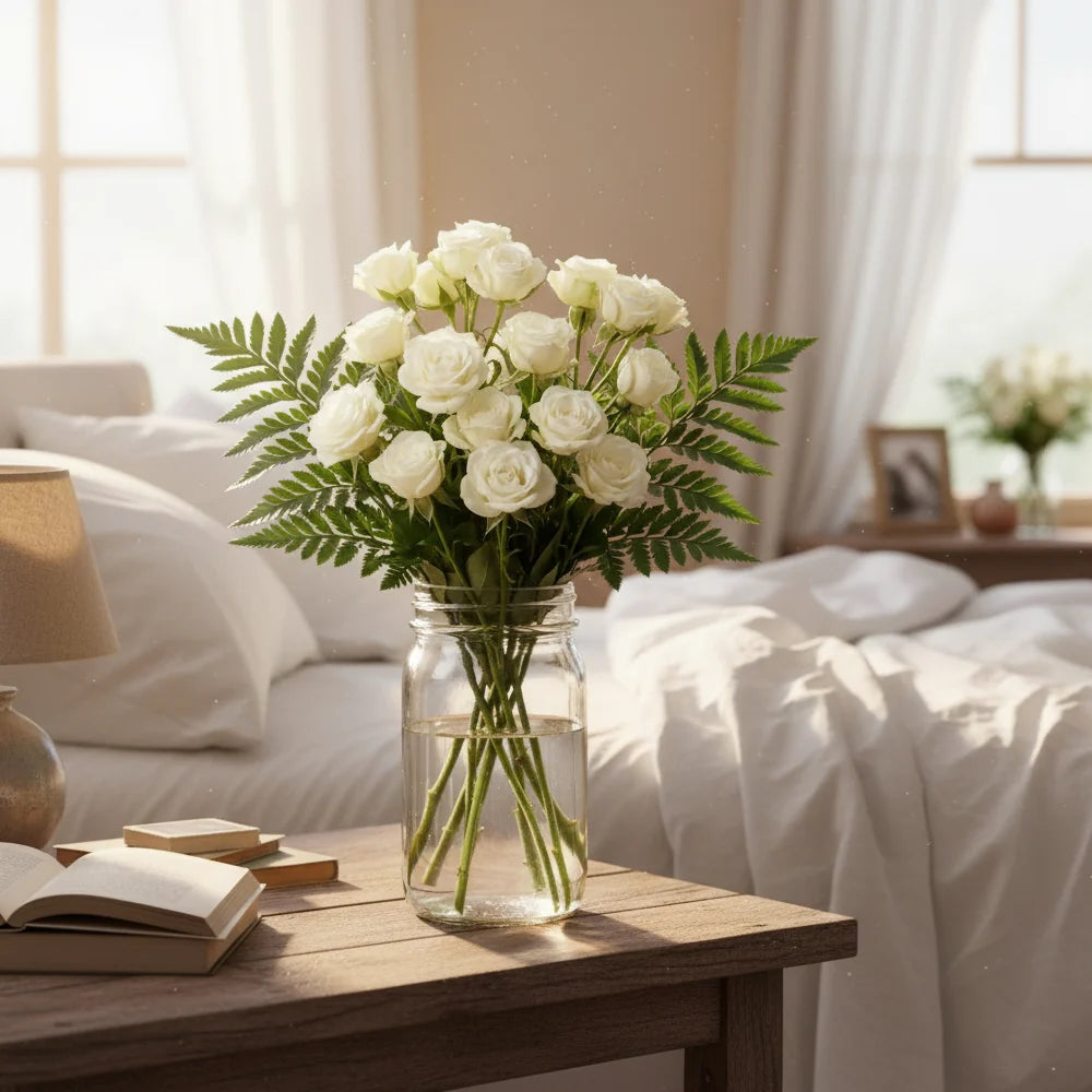 30 Blooms of White Spray Roses in a Mason Jar Fleur Concept