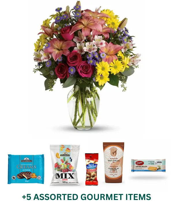 Afternoon Garden Gourmet Bundle with flowers and gourmet items