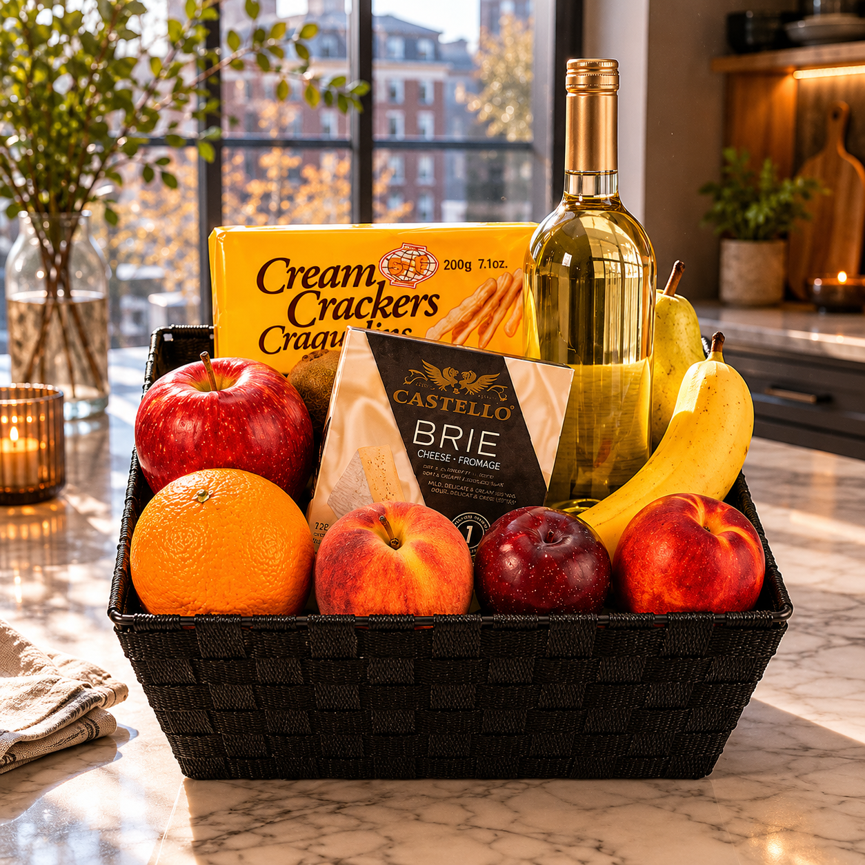 Fruit, White Wine & Cheese Basket Fleur Concept
