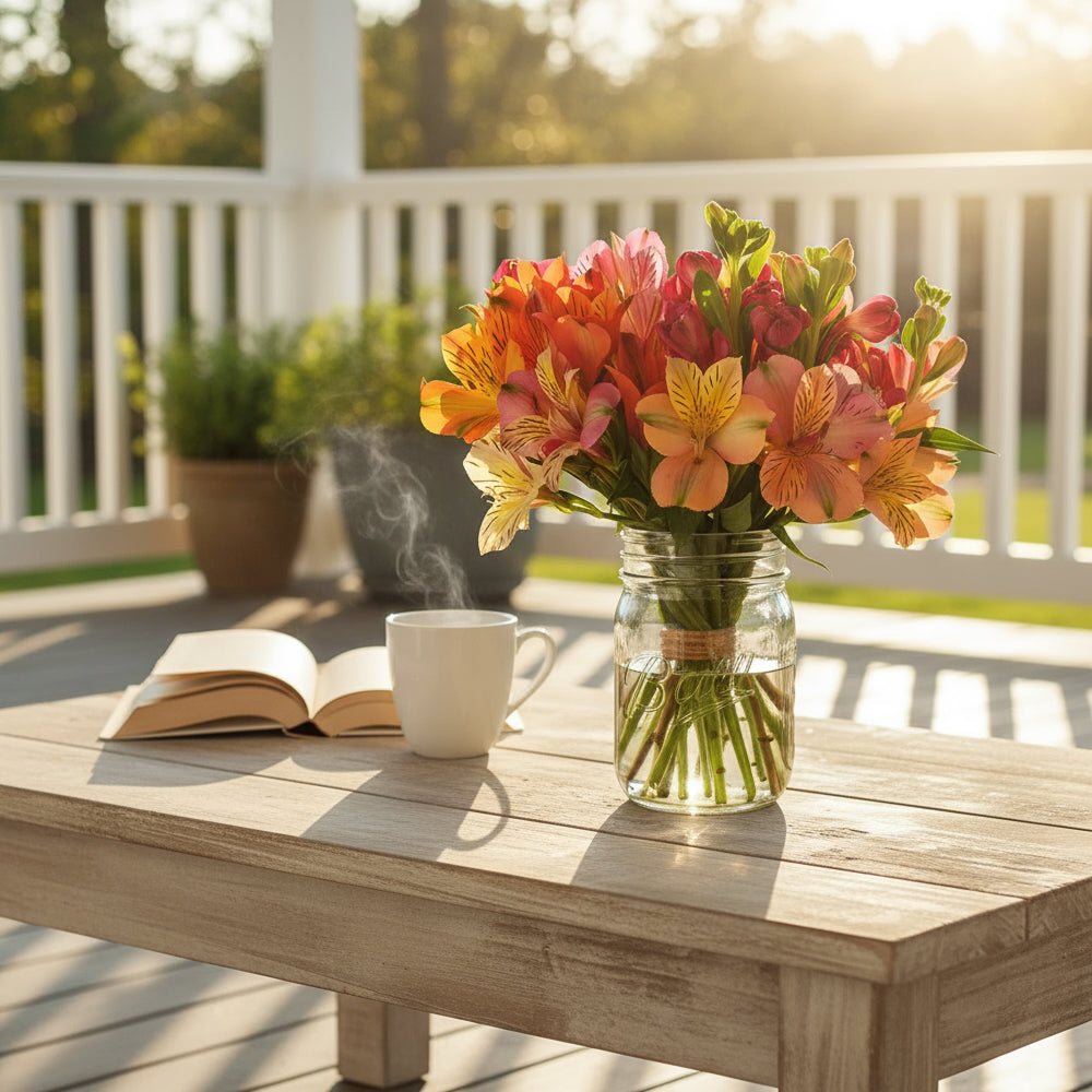 Thirty Blooms of Alstroemeria in Mason Jar Fleur Concept