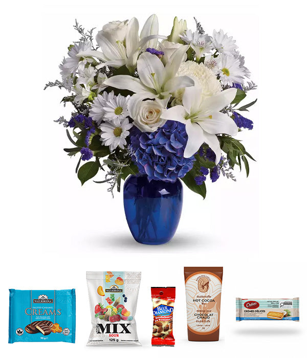 Beautiful Blue Gourmet Flower Bundle with Assorted Gourmet Items
