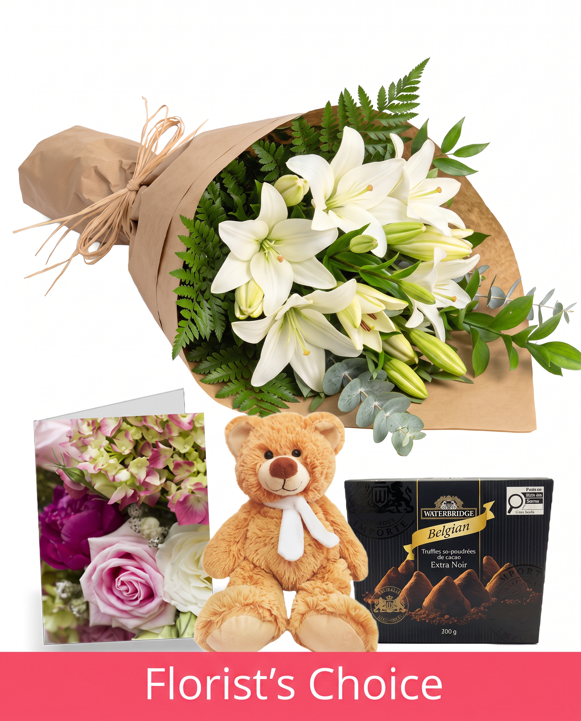 Bunch of White Lilies with Card, Truffles & Teddy