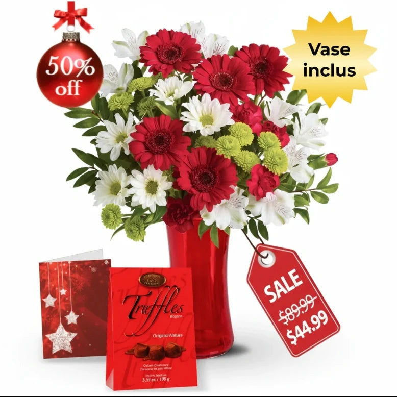 ChristmasBellsIV flower bouquet with vase and chocolates
