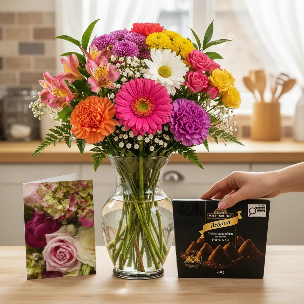 Luxury Bouquet Designer's Choice with Vase, Card & Truffles Fleur Concept