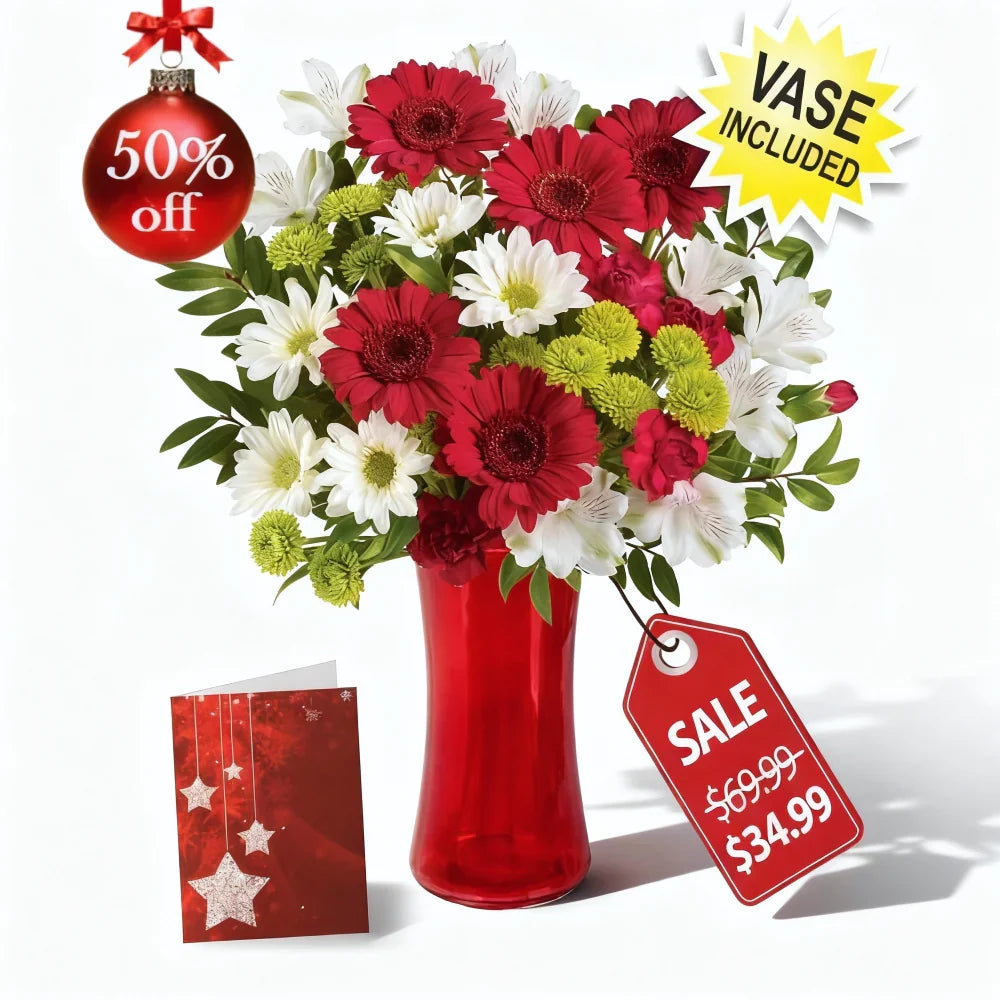 Christmas floral arrangement with red vase
