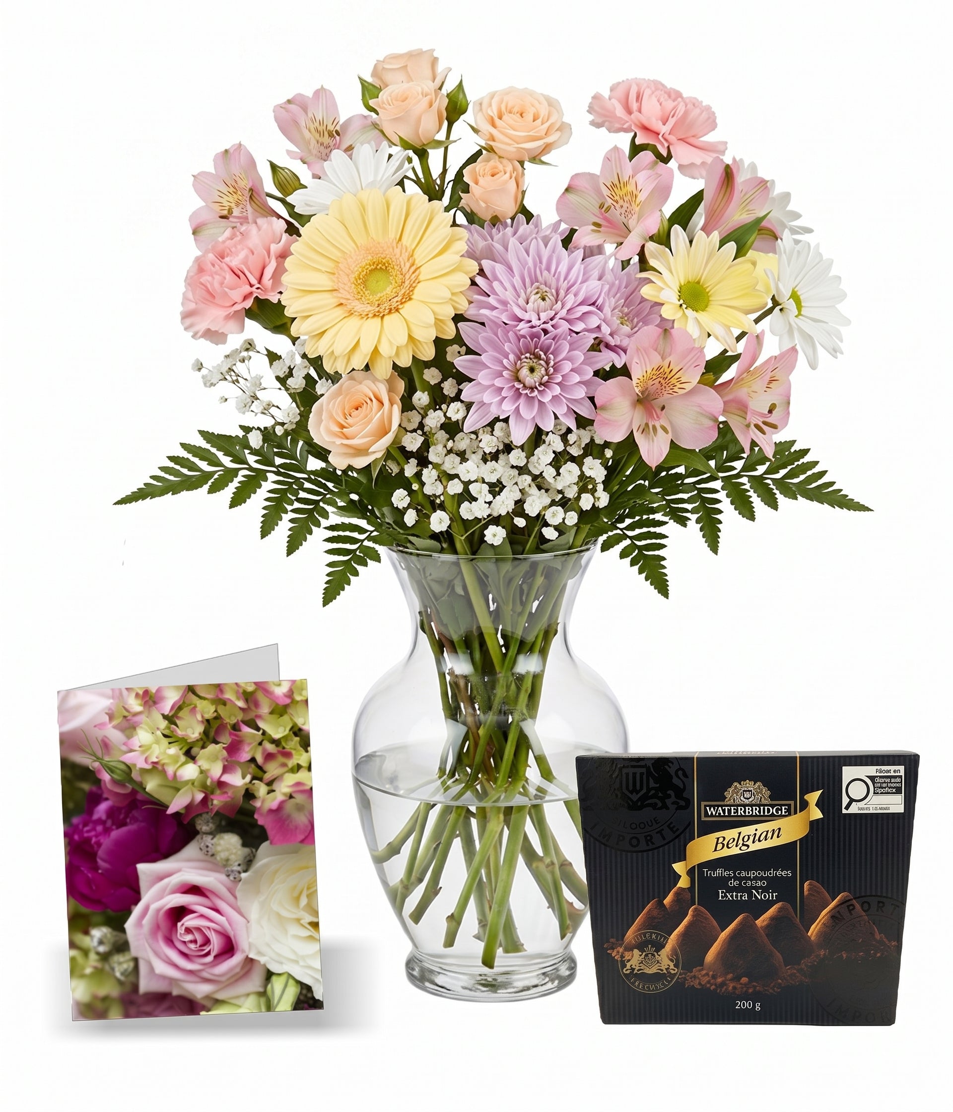 Pastel Colours Designer’s Choice with Vase, Card & Truffles Fleur Concept