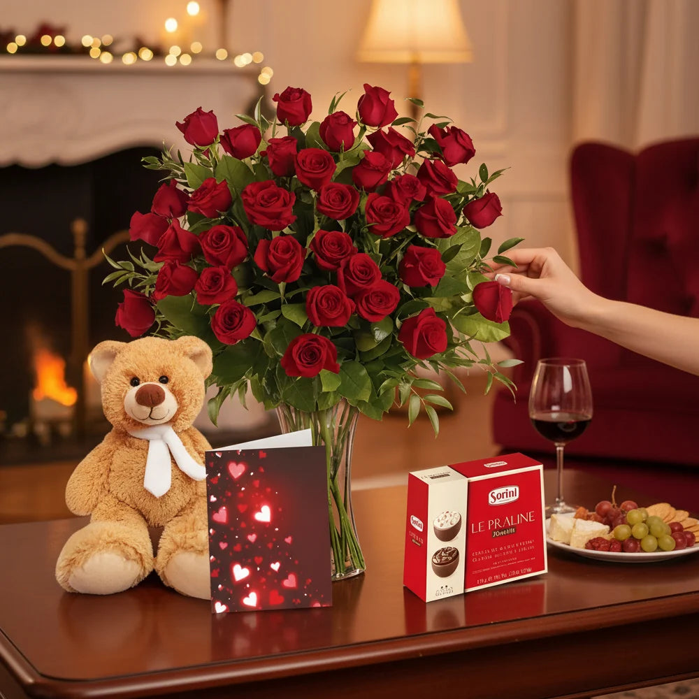 Three Dozen Long Stem Red Rose Combo Fleur Concept