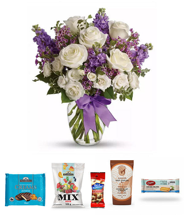 Floral arrangement with gourmet snacks