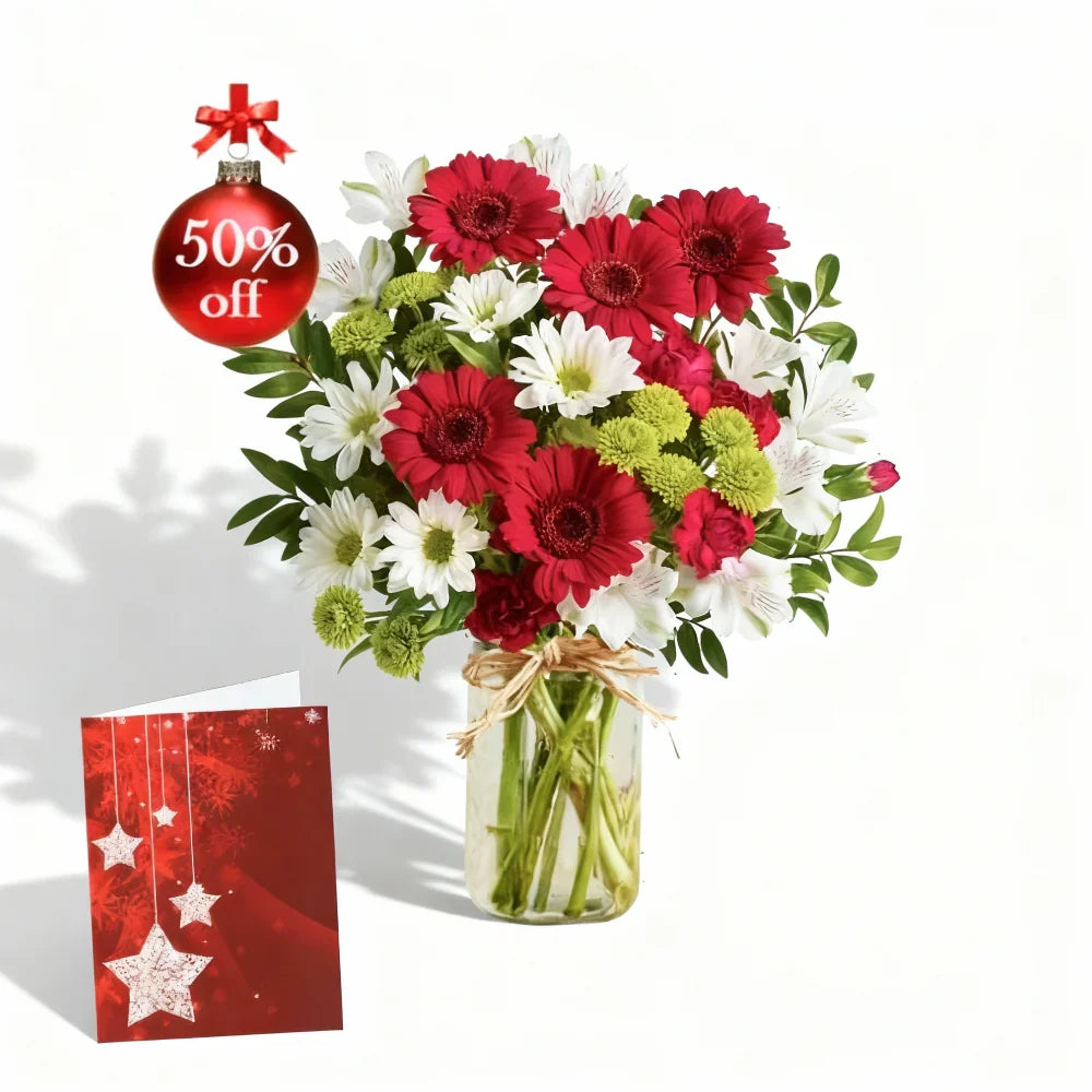Christmas flowers in mason jar with card