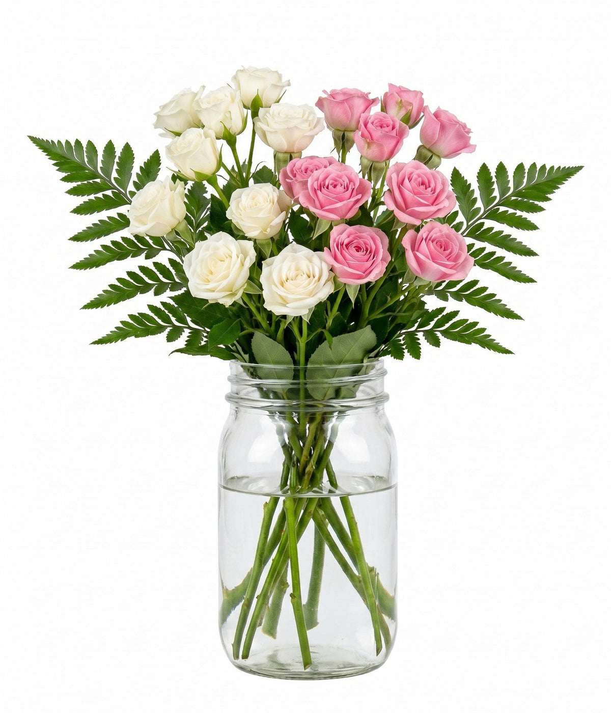 30 Blooms of White & Pink Spray Roses in a Mason Jar Fleur Concept