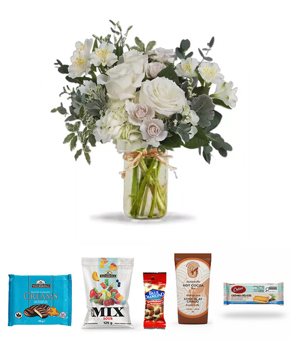 Beautiful in Blue Gourmet Bundle with Flowers & Assorted Gourmet Items