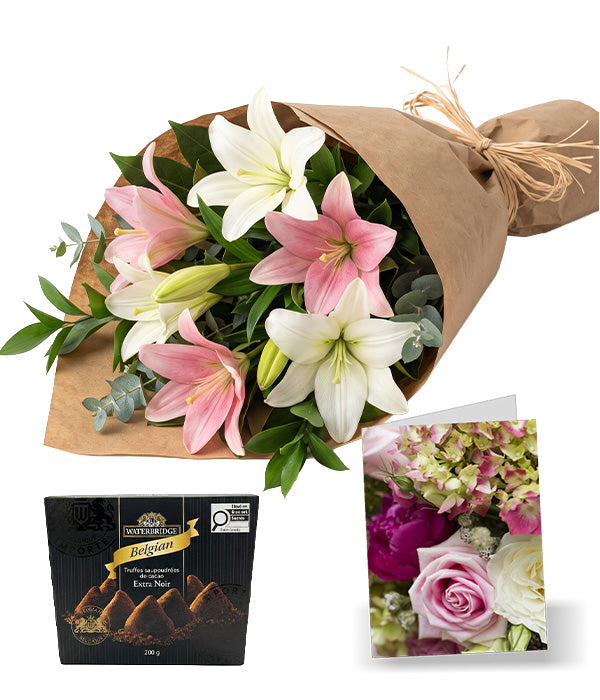 Bunch of Pink & White Lilies with Card & Truffles