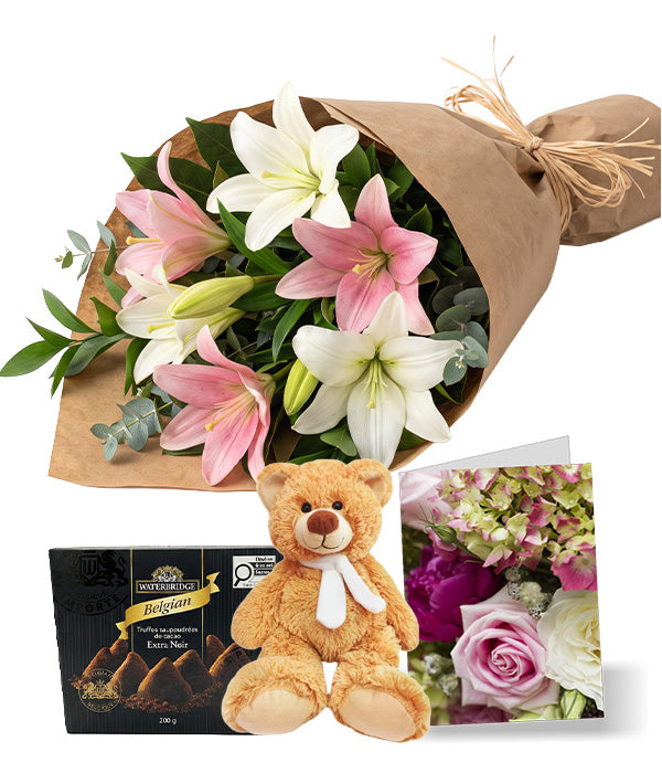 Bouquet of Pink & White Lilies with Card, Truffles & Teddy