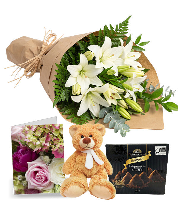 Bunch of White Lilies with Card, Truffles & Teddy