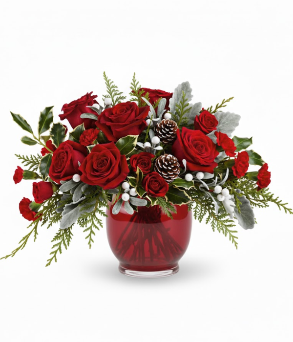 Red roses & carnations in a red vase.