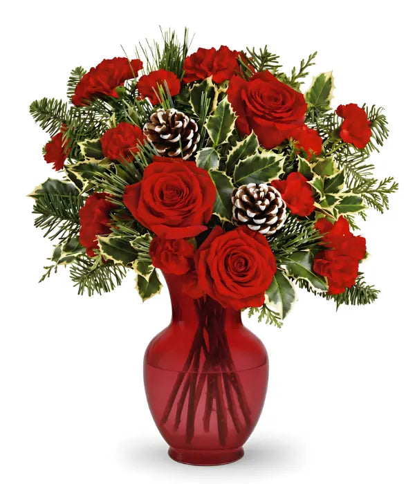 Deluxe Winter Woodland Bouquet with red roses, carnations & pinecones