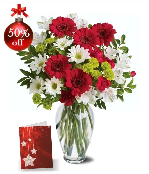Christmas Bells I bouquet with red gerbera daisies