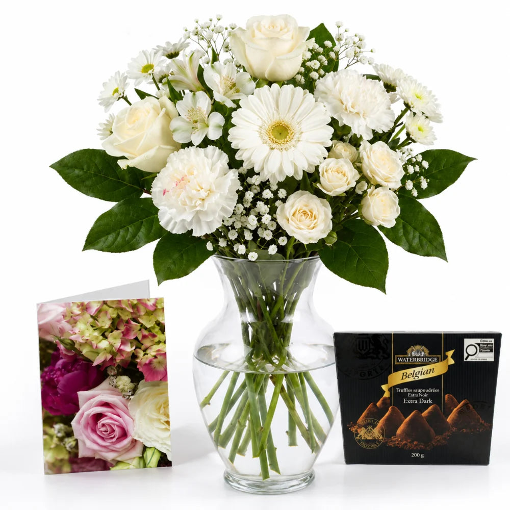 White Bouquet Designer’s Choice with Vase, Card & Truffles Fleur Concept