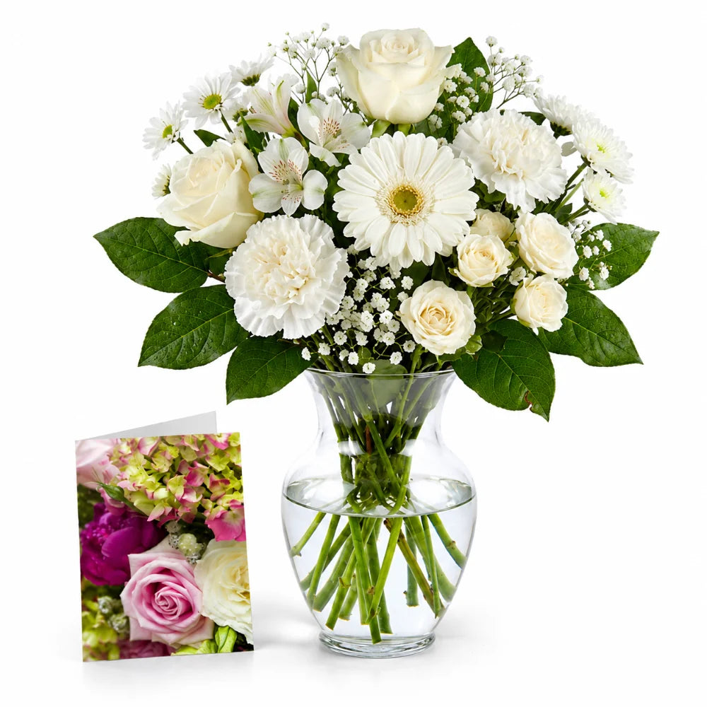 White Bouquet Designer’s Choice with Vase & Card Fleur Concept