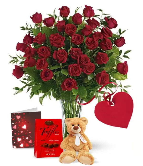 Three Dozen Long Stem Red Rose Combo Fleur Concept