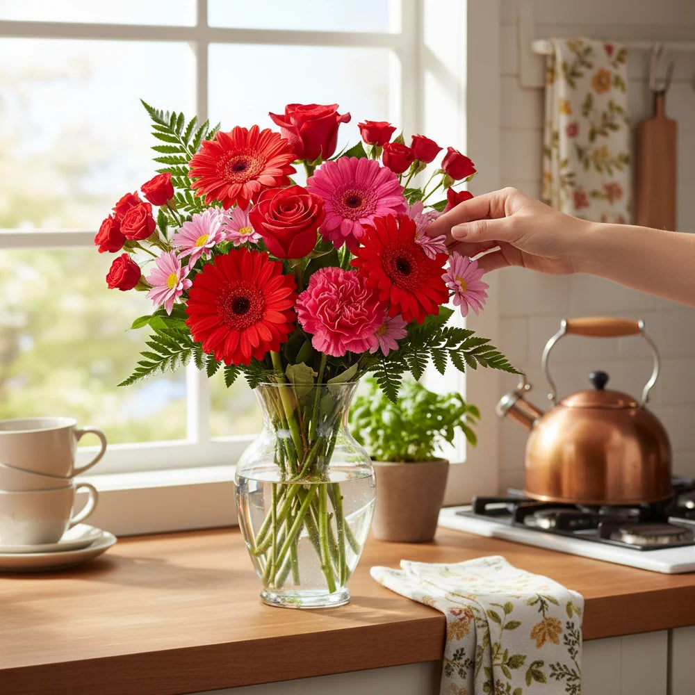 Cherry Bomb Bouquet in Vase Fleur Concept