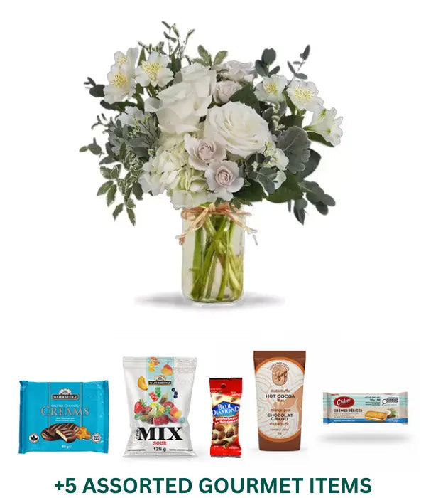 Beautiful in Blue Gourmet Bundle with white flower arrangement.