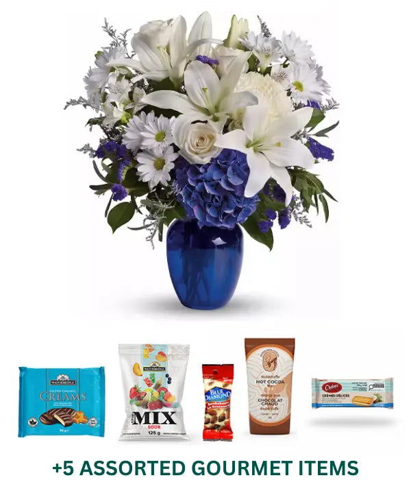 Beautiful in Blue Gourmet Bundle with flowers and gourmet treats