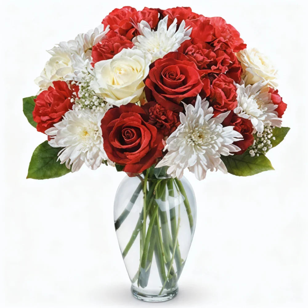 Red roses & white flowers in a red vase