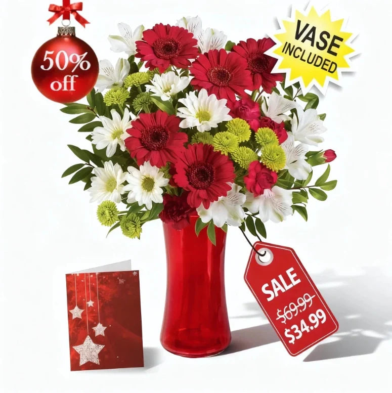 Christmas Bells III floral arrangement with vase & bear