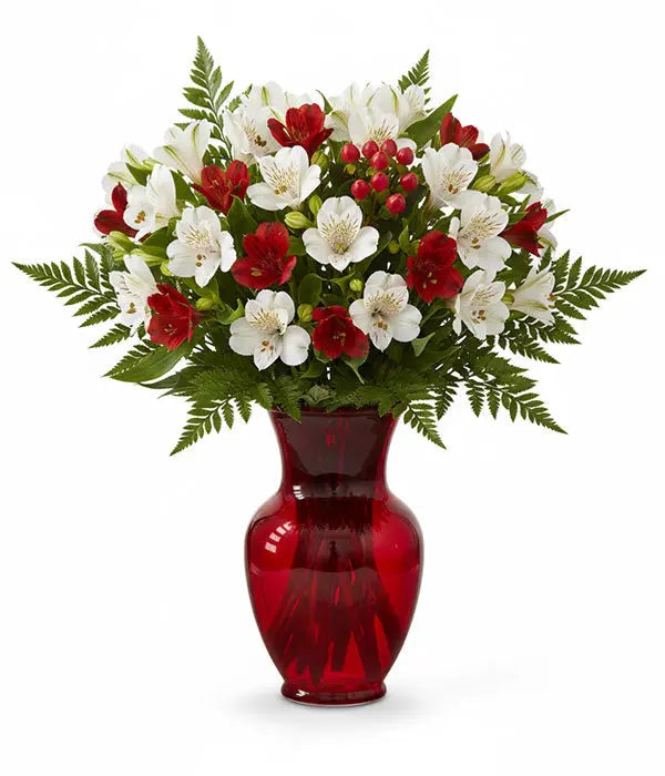 Christmas alstroemeria bouquet in red vase
