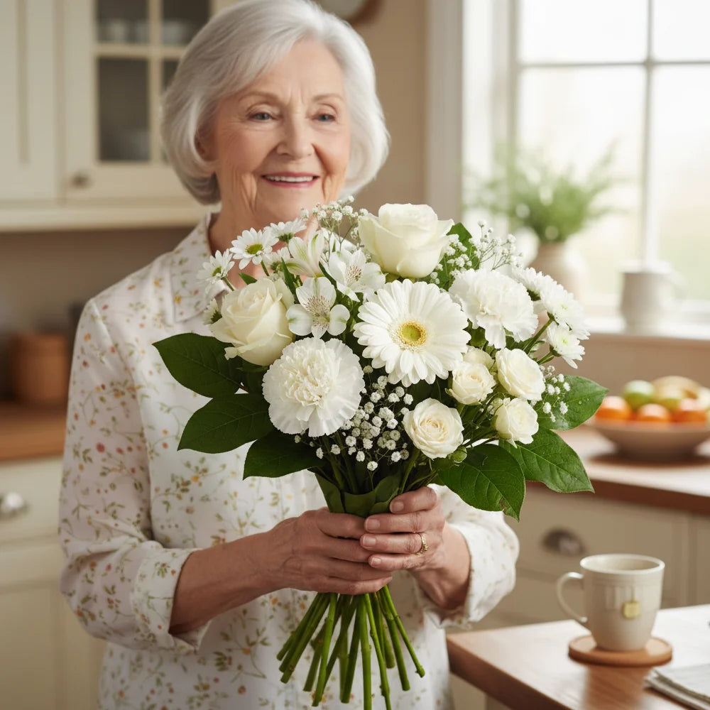 White Bouquet Designer’s Choice with Vase & Card Fleur Concept