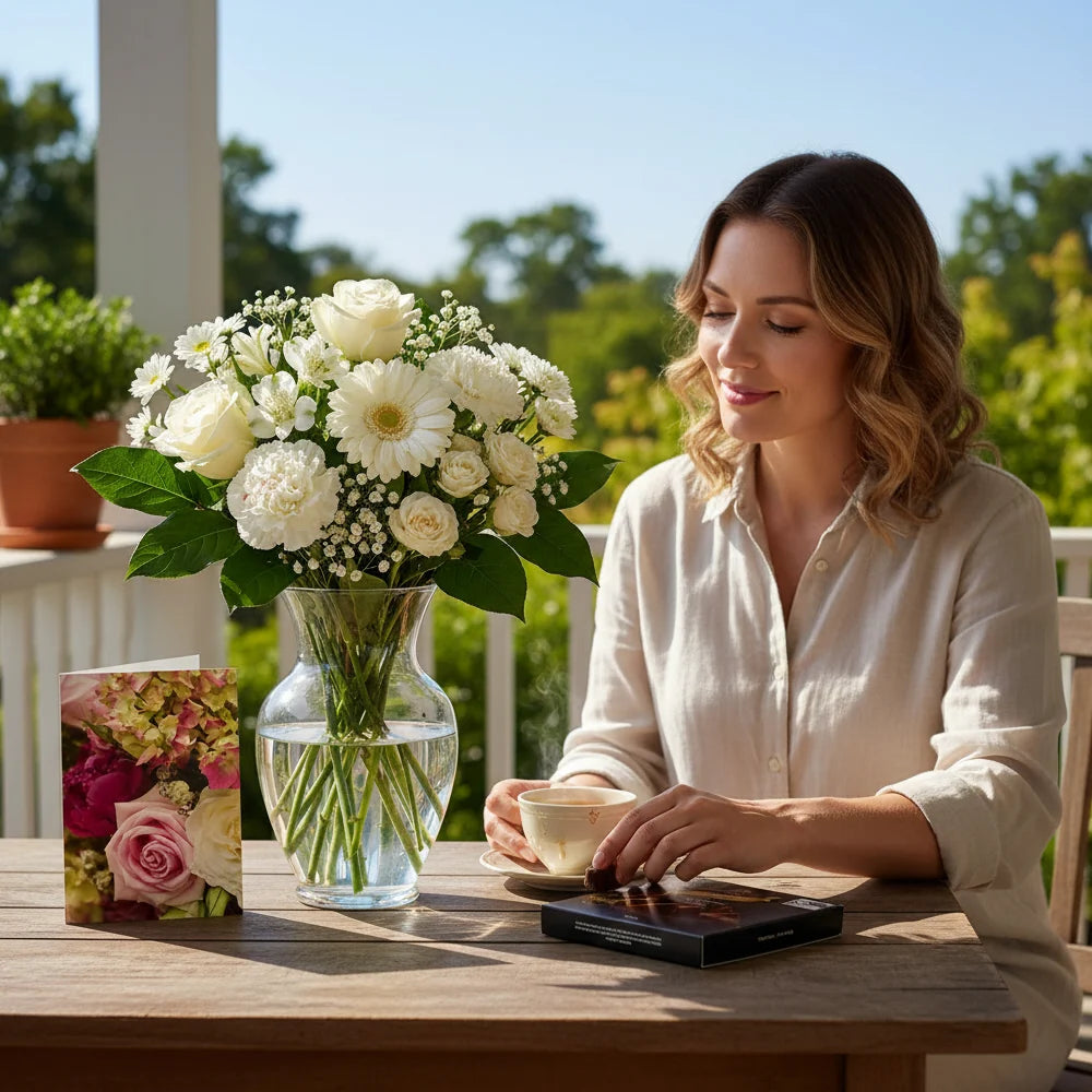 White Bouquet Designer’s Choice with Vase, Card & Truffles Fleur Concept