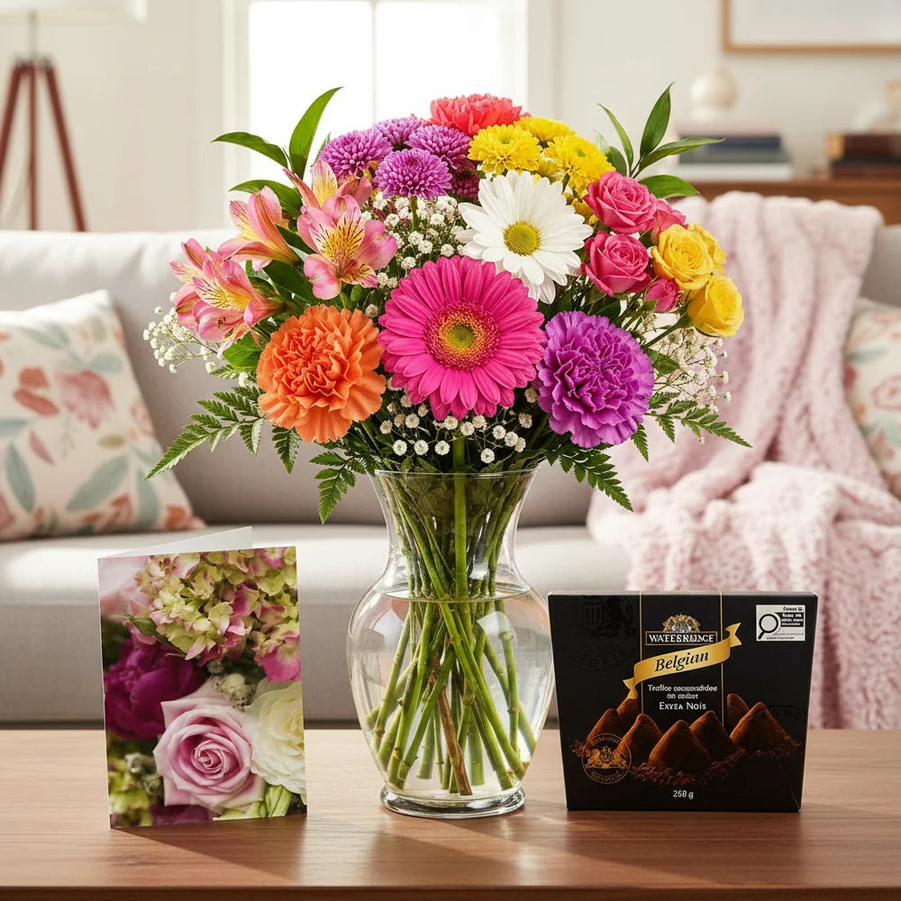 Bright Colours Designer’s Choice with Vase, Card & Truffles Fleur Concept