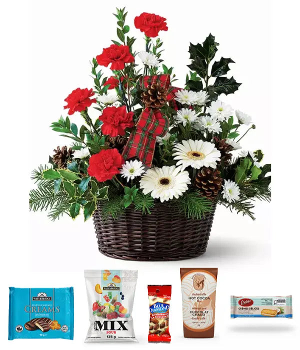 Christmas gourmet basket with red flowers and treats.