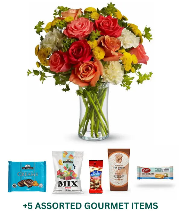 CitrusKissedGourmetBundle floral arrangement with assorted gourmet items