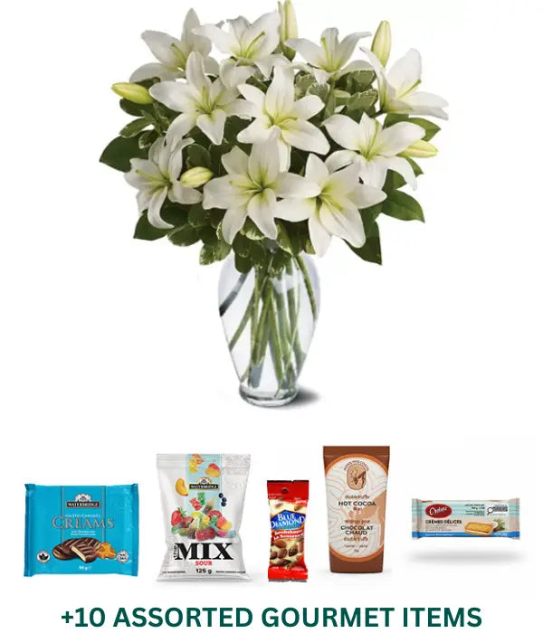 Heavenly Lilies Gourmet Bundle - White Lily Bouquet & Treats