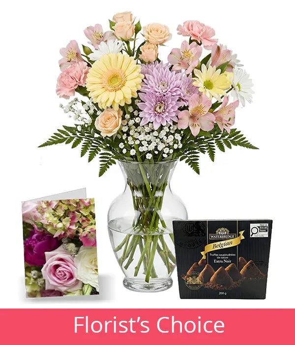 Pastel Colours Designer’s Choice with Vase, Card & Truffles Fleur Concept
