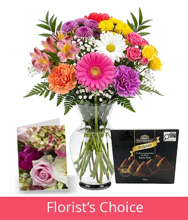 Bright Colours Designer’s Choice with Vase, Card & Truffles Fleur Concept