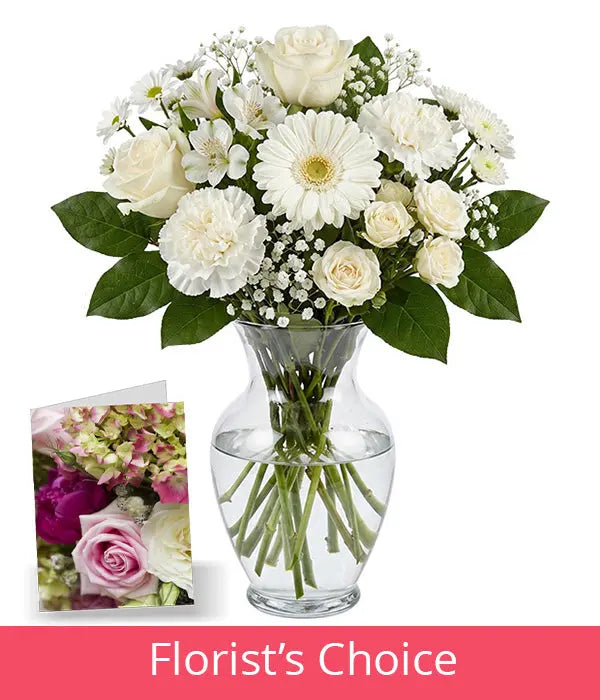 White Bouquet Designer’s Choice with Vase & Card Fleur Concept