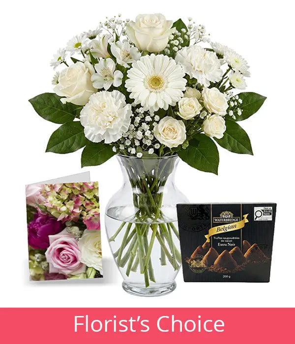 White Bouquet Designer’s Choice with Vase, Card & Truffles Fleur Concept