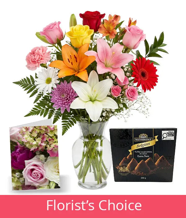 Luxury Bouquet Designer's Choice with Vase, Card & Truffles Fleur Concept