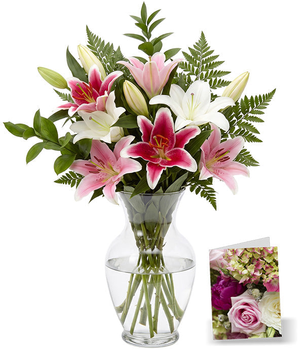 Assorted Oriental Lily Bouquet with Vase & Card