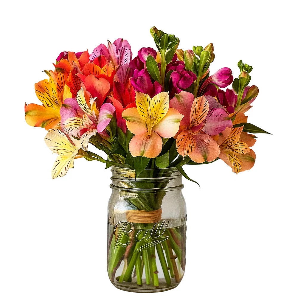 Thirty Blooms of Alstroemeria in Mason Jar Fleur Concept