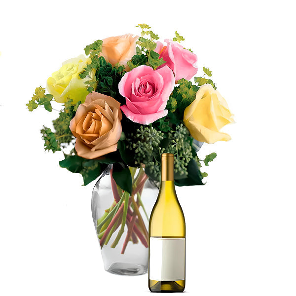 Mixed Summer Roses and White Wine Gift Set
