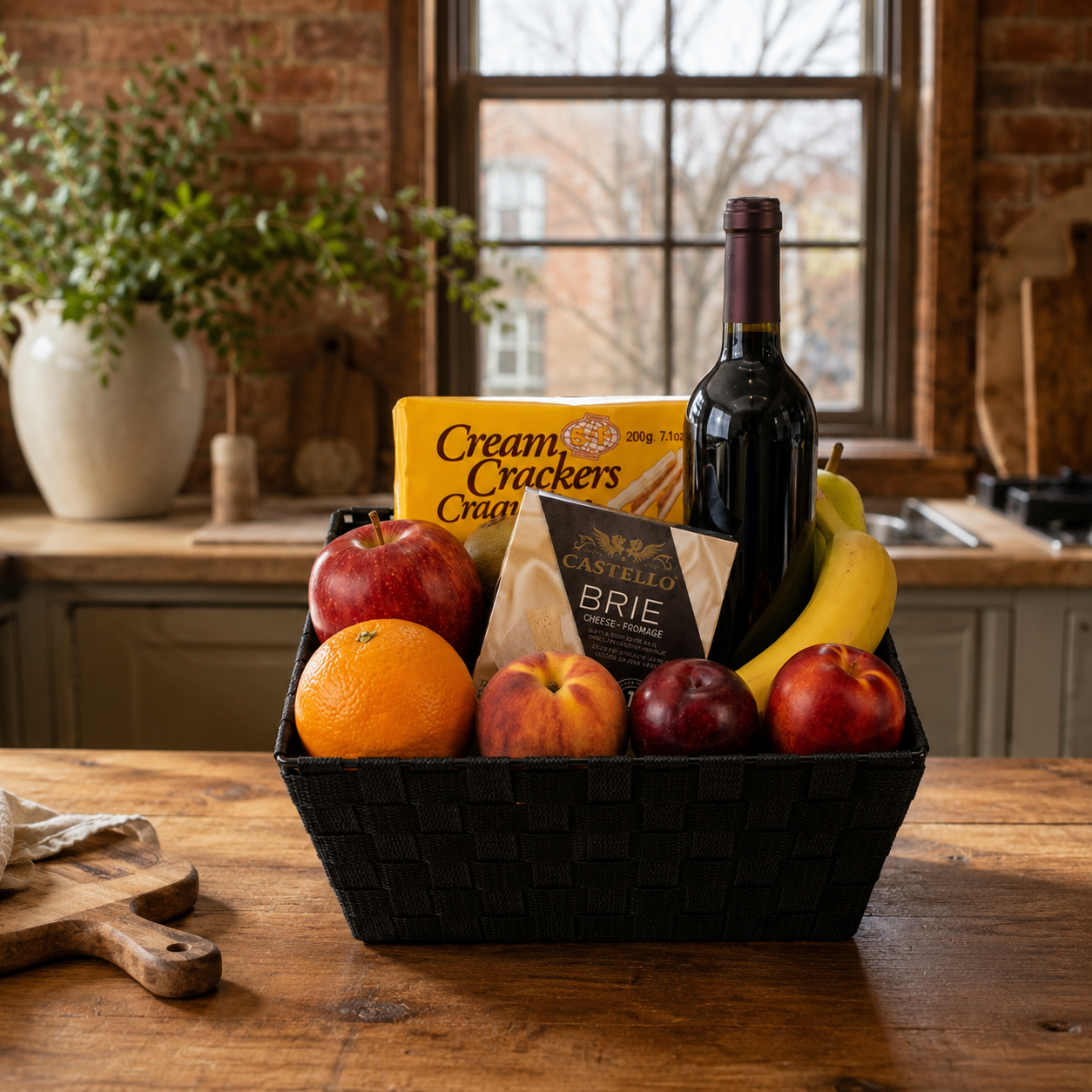 Fruit, Red Wine & Cheese Basket Fleur Concept