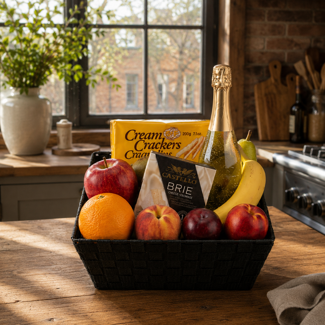 Fruit, Sparkling Wine & Cheese Basket Fleur Concept