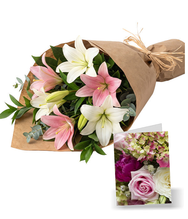 Bunch of Pink & White Lilies with Card