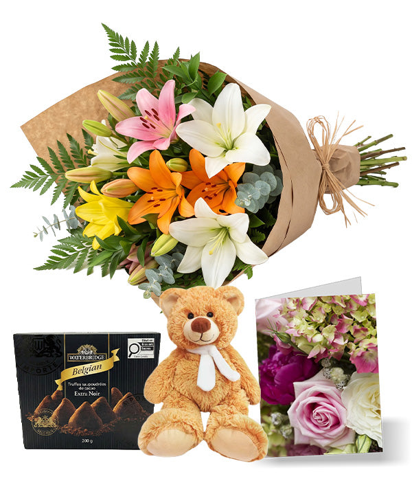 Bunch of Assorted Lilies with Card, Truffles & Teddy